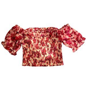 Express Pink Floral Off-Shoulder Smocked Top with Puff Sleeve S